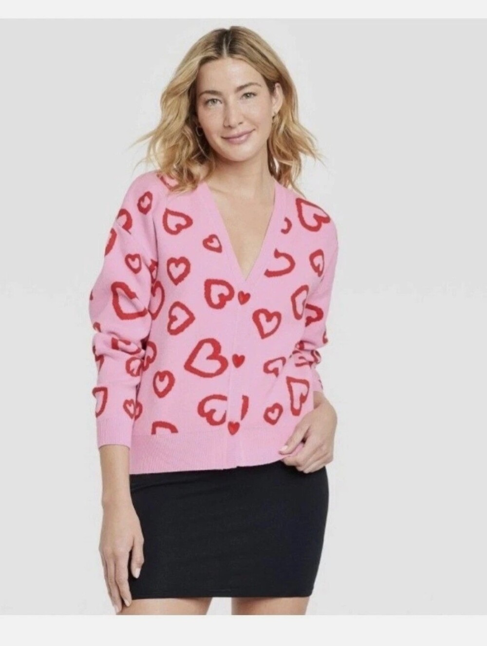33 Degrees Pink Red Heart Pattern Button Up Cardigan Sweater Size XL